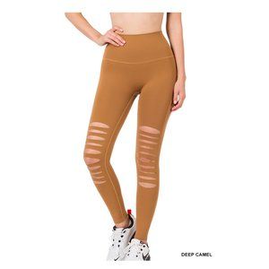 Athletic Knee Cut Out High Waisted Leggings No Front Seam Yoga Pants Deep Camel